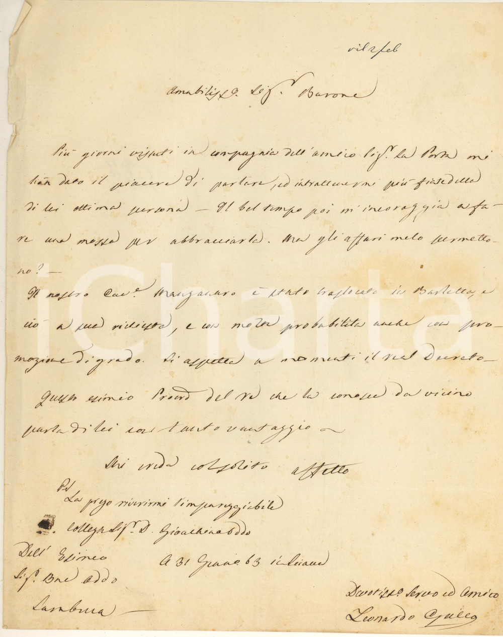 Manoscritto, lettera originale 1863 CALATAFIMI ? Don Leonardo GALLO promette visita a un amico Autografo 1