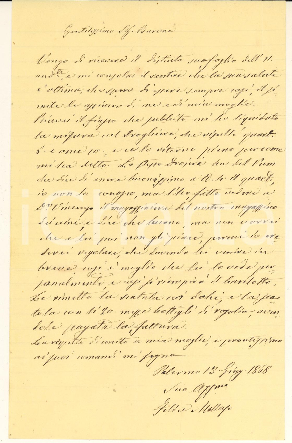 Manoscritto, lettera originale 1868 PALERMO Lettera Felice MELLUSO su possibile acquisto di rum molto buono 1