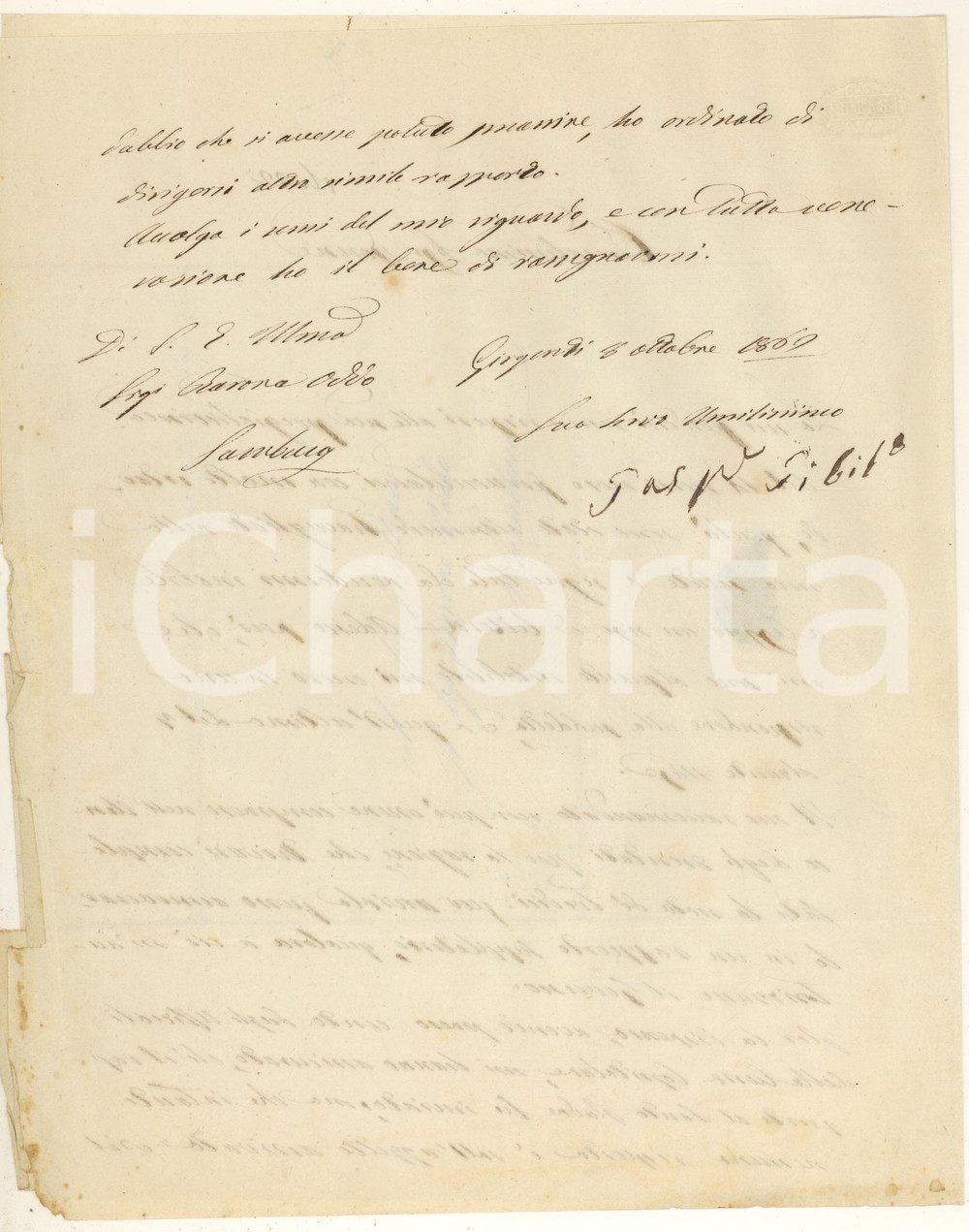 Manoscritto, lettera originale 1869 AGRIGENTO Vicario don Gaspare GIBILARO rifiuta un esenzione Autografo 1