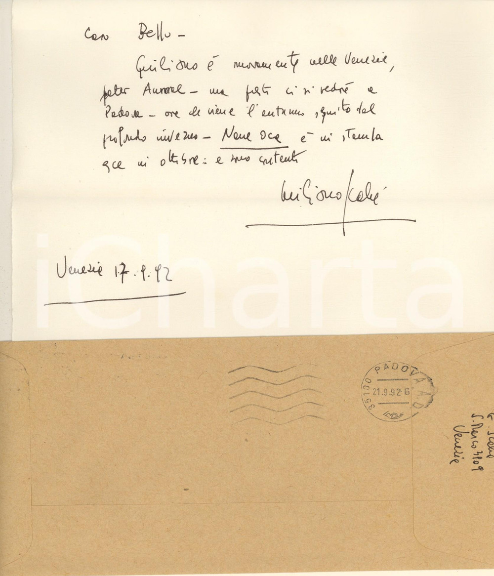 Autografo originale 1992 VENEZIA Giuliano SCABIA  Nane Oca in stampa a ottobre AUTOGRAFO 1
