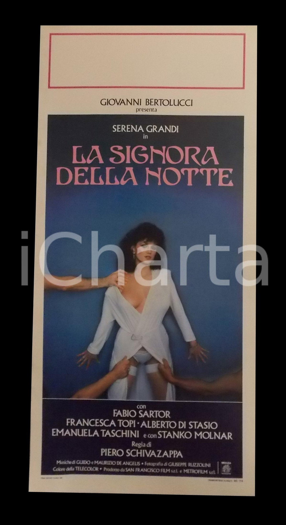 Materiale cinematografico d’epoca 1986 LA SIGNORA DELLA NOTTE Serena GRANDI Fabio SARTOR Manifesto EROTICO 32x70 1