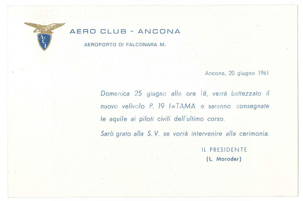 Oggetto da collezione cartaceo 1961 Aero Club ANCONA  Aeroporto FALCONARA  Invito battesimo P. 19 I=TAMA 1