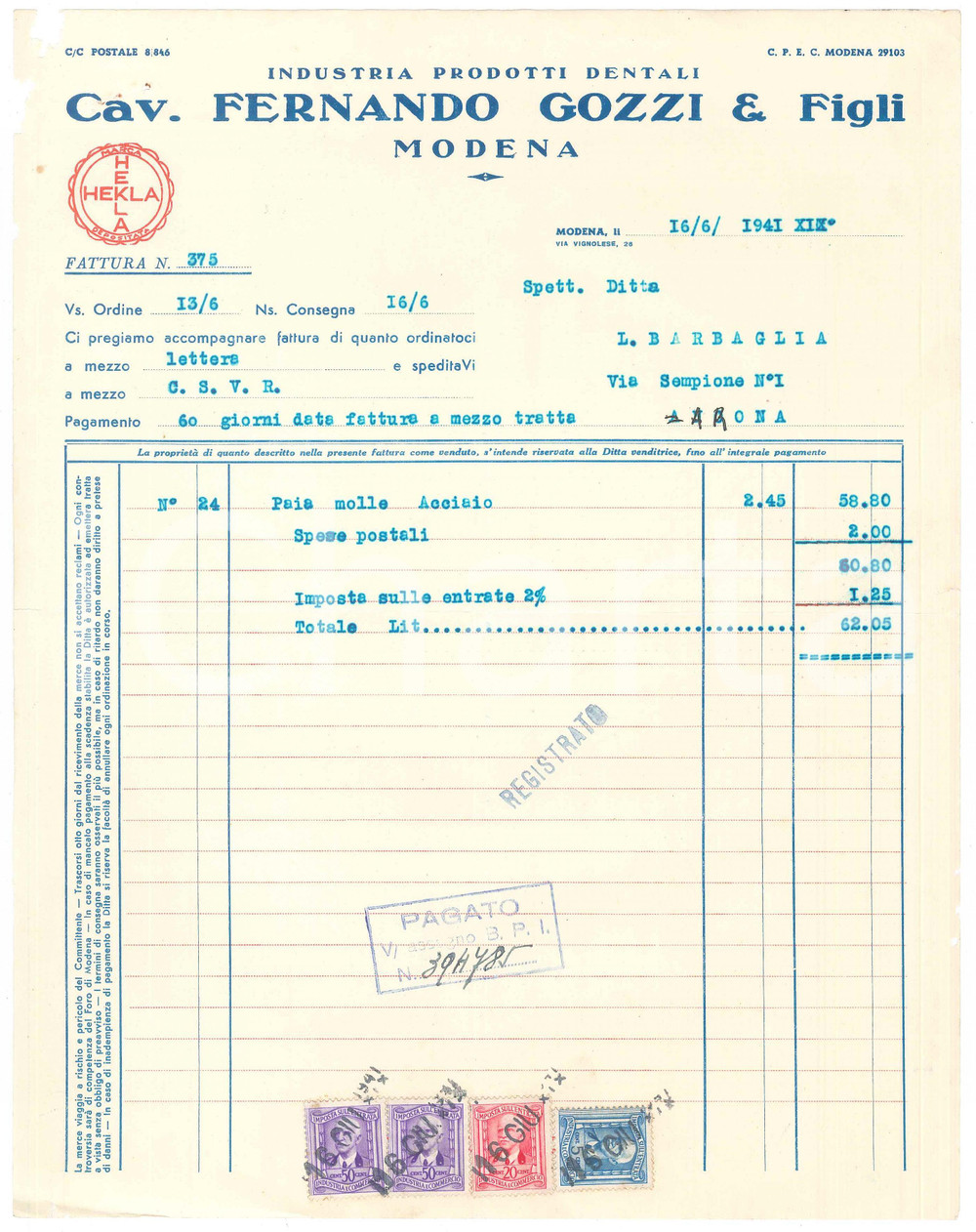 Documento originale, autentico 1941 MODENA Via Vignolese 26  Cav. Fernando GOZZI impianti dentali  Fattura 1
