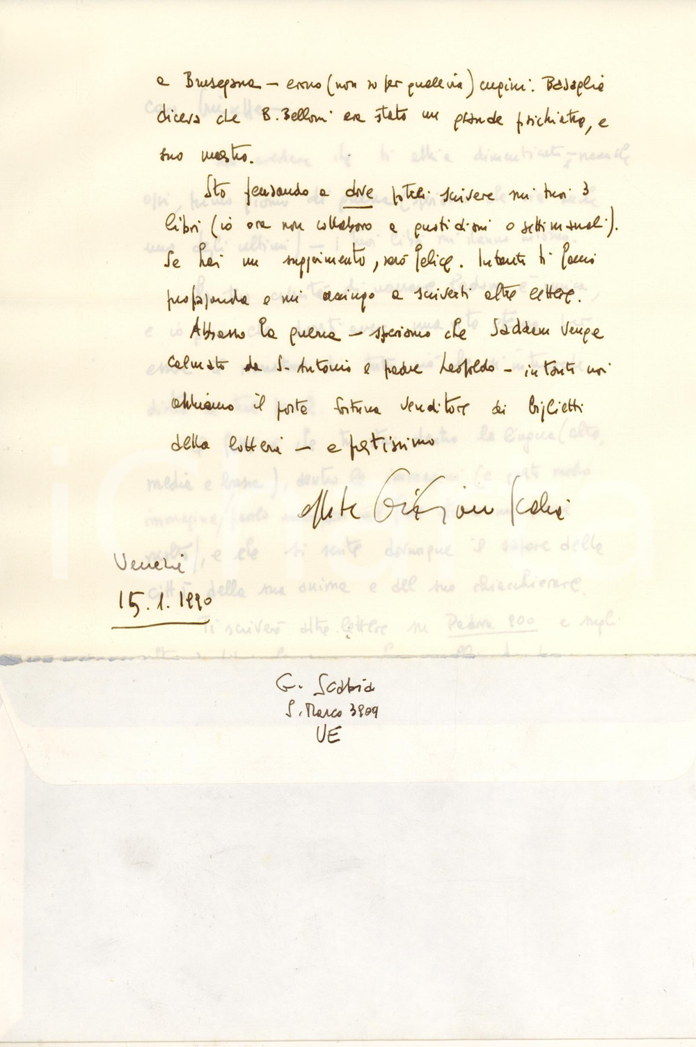 1990 VENEZIA Giuliano SCABIA - Psichiatra BELLONI bandito dal fascismo AUTOGRAFO Lettera interamente autografa del celebre poeta e drammaturgo, che promette articoli su Padova e ricorda lo psichiatra Giovanni Battista Belloni, che ricorda di avere conosciuto in gioventù con il padre e che era "sul manifesto dei banditi dal fascismo perché massoni o ebrei".Busta viaggiata.PAGINE: 2  CONDIZIONI:GOOD/buono piegature d'epocaFORMATO: 21x30 cm originale e autentica 1