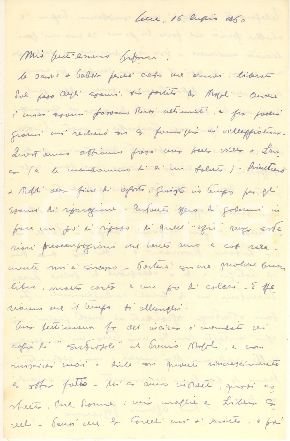 Autografo originale 1960 LECCE Bruno LUCREZI invia un opera al Premio Napoli  AUTOGRAFO 1
