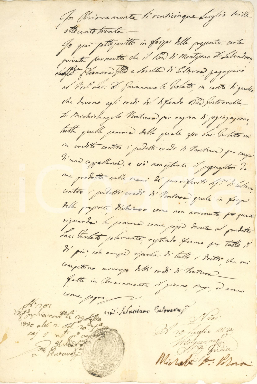 Documento originale, autentico 1830 CHIARAMONTE GULFI Don Sebastiano CULTRERA autorizza saldo a don ZERLATO 1