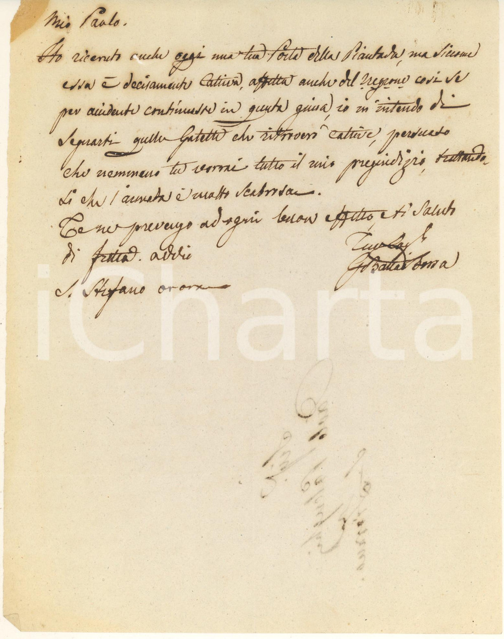 Autografo originale 1840 ca S. STEFANO LODIGIANO Giovanni Battista BORSA a POLENGHI su bachi malati 1