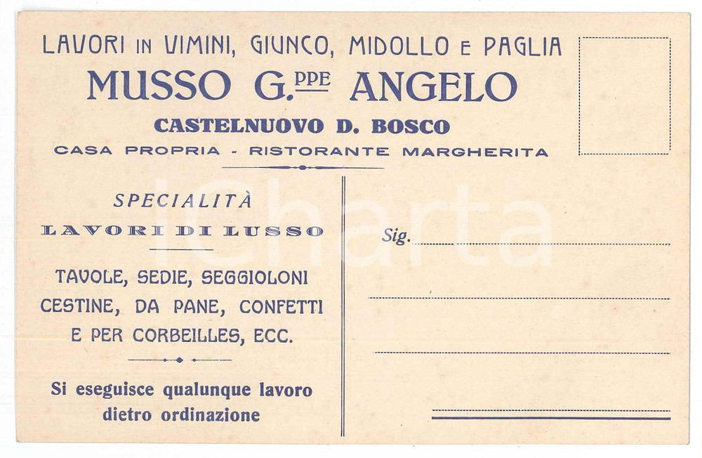 Cartolina originale da collezione 1935 ca CASTELNUOVO DON BOSCO Giuseppe Angelo MUSSO Lavori vimini Cartolina 1