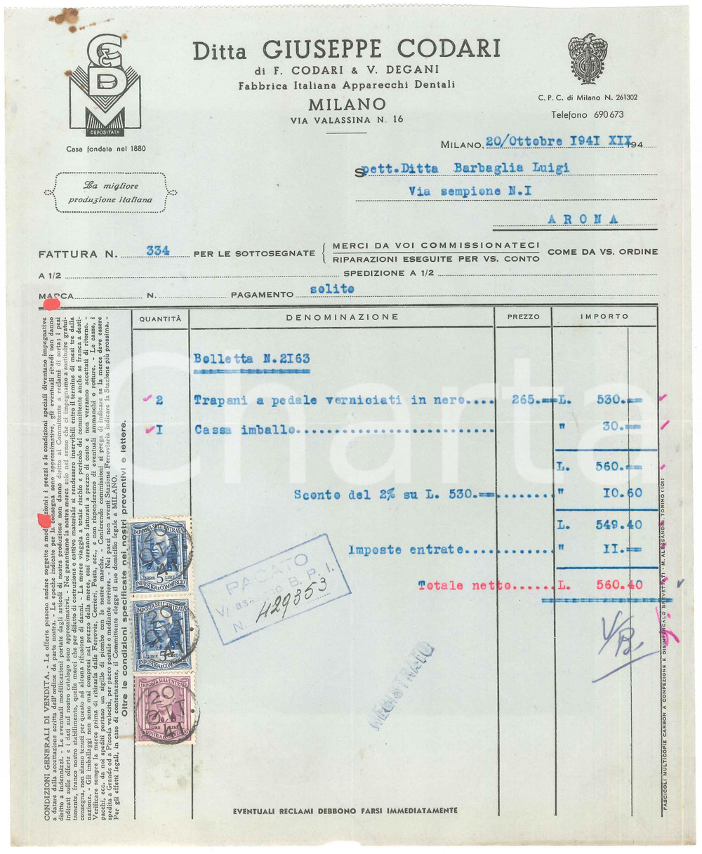 Documento originale, autentico 1941 MILANO Via Valassina 16  Ditta Giuseppe CODARI Apparecchi dentali Fattura 1