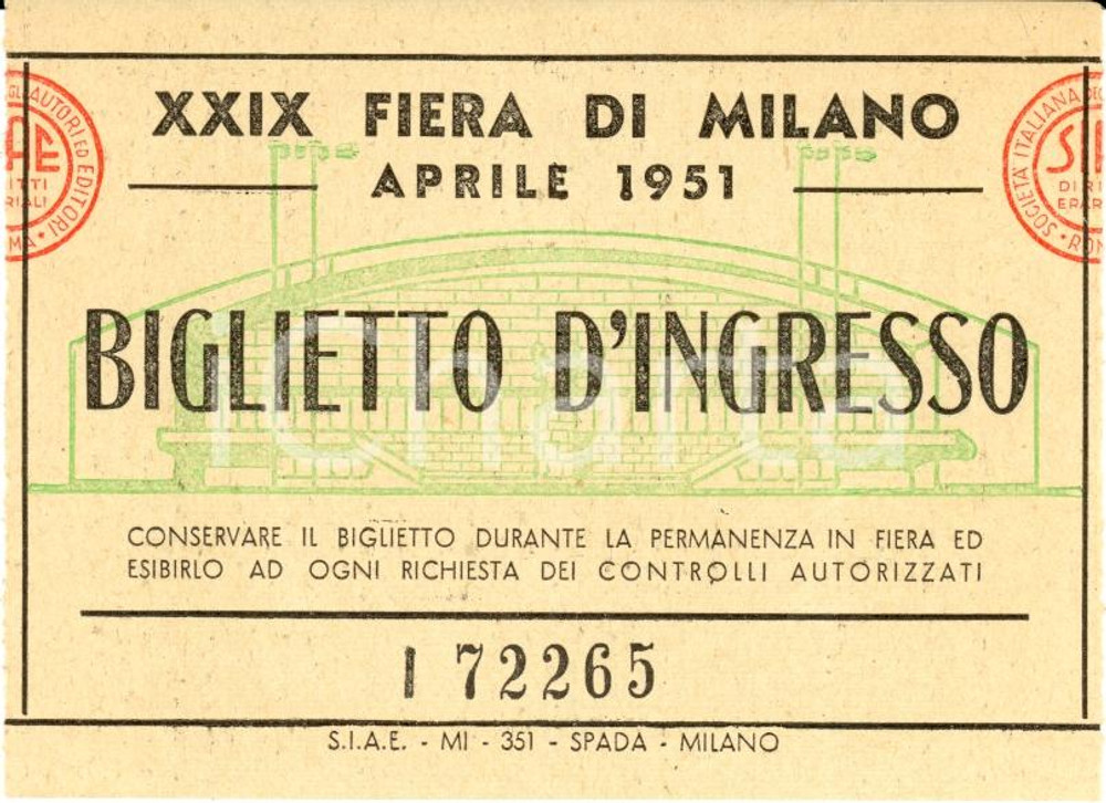 Oggetto da collezione cartaceo Aprile 1951 MILANO Biglietto d ingresso XXIX Fiera 1