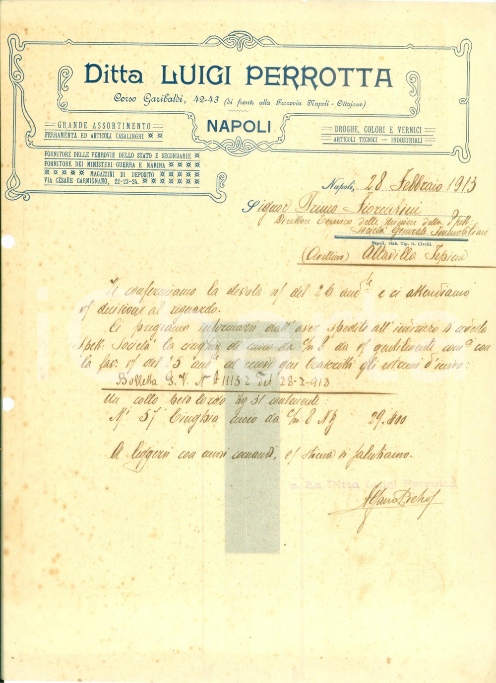 Documento originale, autentico 1913 NAPOLI Luigi PERROTTA ferramenta casalinghi droghe vernici  Fattura 1