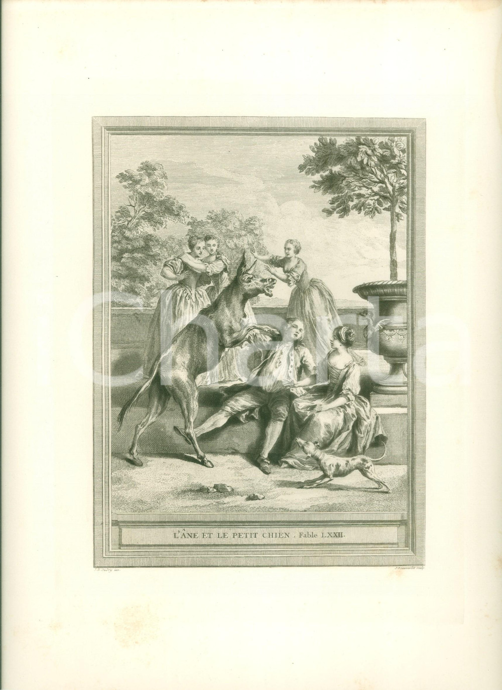 Stampa, bozzetto originale 1760 Jean DE LA FONTAINE L âne et le petit chien Stampa JeanBaptiste OUDRY 1