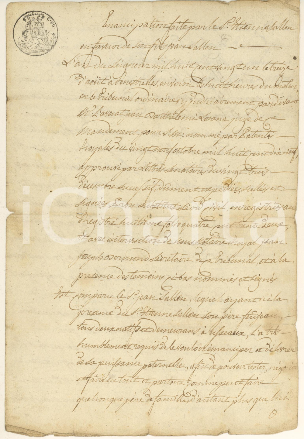 Documento originale, autentico 1821 USSEAUX TO Emancipazione Stefano SALLEN a favore del figlio Giovanni 1