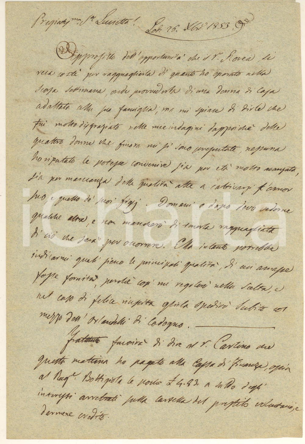 Manoscritto, lettera originale 1853 LODI Governanti di scarse qualità per Lucia BIANCARDI POLENGHI Lettera 1