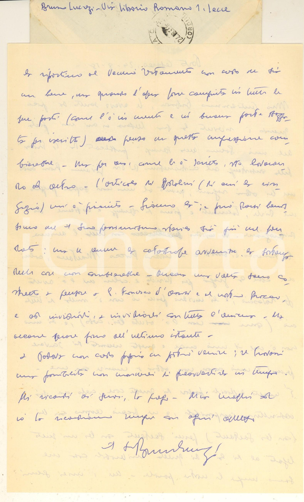 Autografo originale 1958 PORTO CESAREO Bruno LUCREZI Cuore e necessità di scrivere  AUTOGRAFO 1