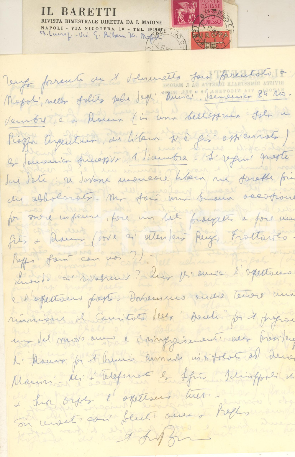 Autografo originale 1963 NAPOLI Bruno LUCREZI e il sostegno di Libera CARELLI  AUTOGRAFO 1