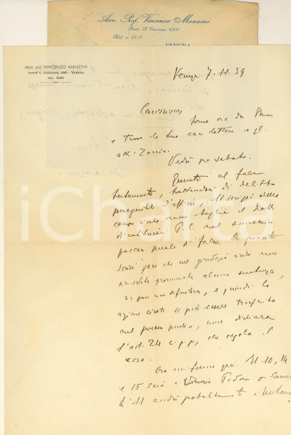 Autografo originale 1939 VENEZIA Vincenzo MANZINI  Consigli su processo penale AUTOGRAFO 1
