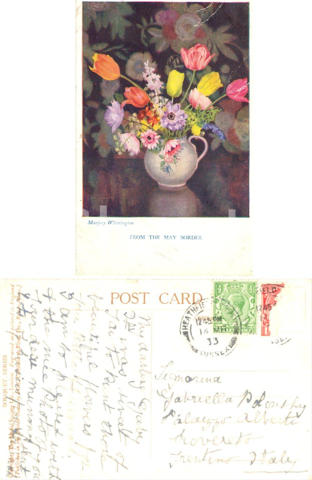 1933 From the May Border *Cartolina a Gaby POLONSKY da Hannah Saunders DATA: 1933 TITOLO: FROM THE MAY BORDERCARTOLINA A GABY POLONSKY DALLA PARENTE HANNAH DESCRIZIONE: Cartolina postale inviata a Gaby Polonsky dalla parente Hannah Saunders (i Polonsky erano imparentati con lo scrittore Thomas Bailey Saunders). CONDIZIONI: mediocri (piegature angolari e francobollo asportato) FORMATO: FP Cartolina postale d'epoca, originale, autentica, FP, VG.    originale e autentica 1