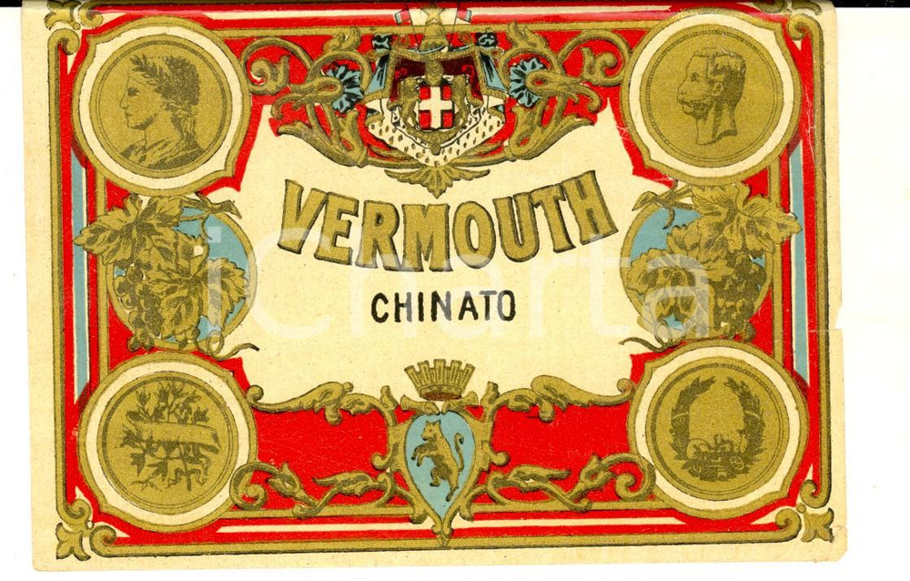 Materiale pubblicitario d’epoca 1950 ca LIQUORE VERMOUTH CHINATO Etichetta pubblicitaria VINTAGE 13x10 cm 2 1