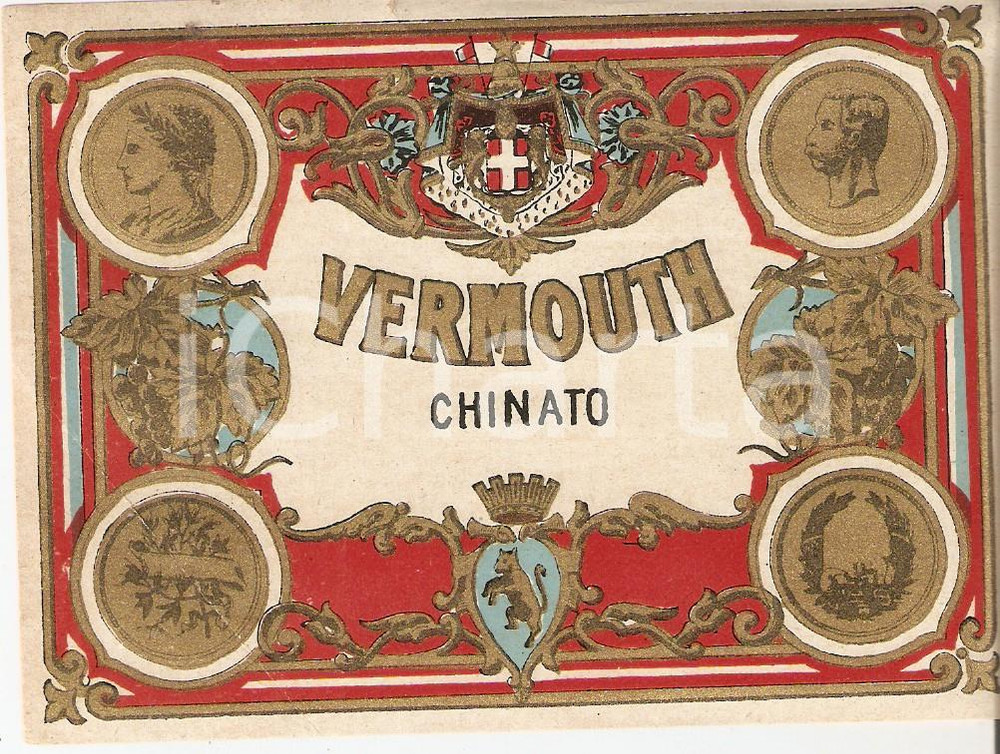 Materiale pubblicitario d’epoca 1950 ca LIQUORE VERMOUTH CHINATO Etichetta pubblicitaria VINTAGE 13x10 cm 3 1
