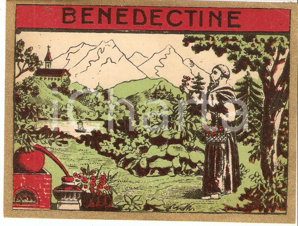 Materiale pubblicitario d’epoca 1965 ca BENEDICTINE Liquore Etichetta ILLUSTRATA con frate 12x9 cm 3 1