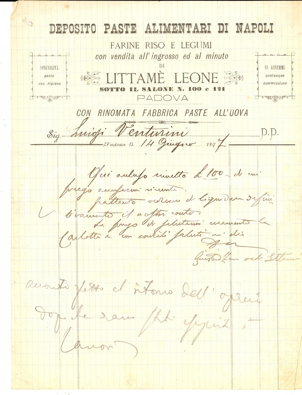 Documento originale, autentico 1897 PADOVA Leone LITTAME Deposito e fabbrica paste all uova Fattura 1