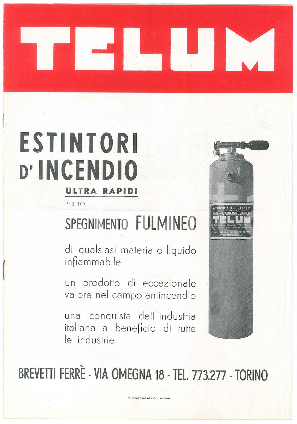 Materiale pubblicitario d’epoca 1955 ca TORINO Estintori d incendio TELUM Estintori portatili  Listino 20x28 cm 1