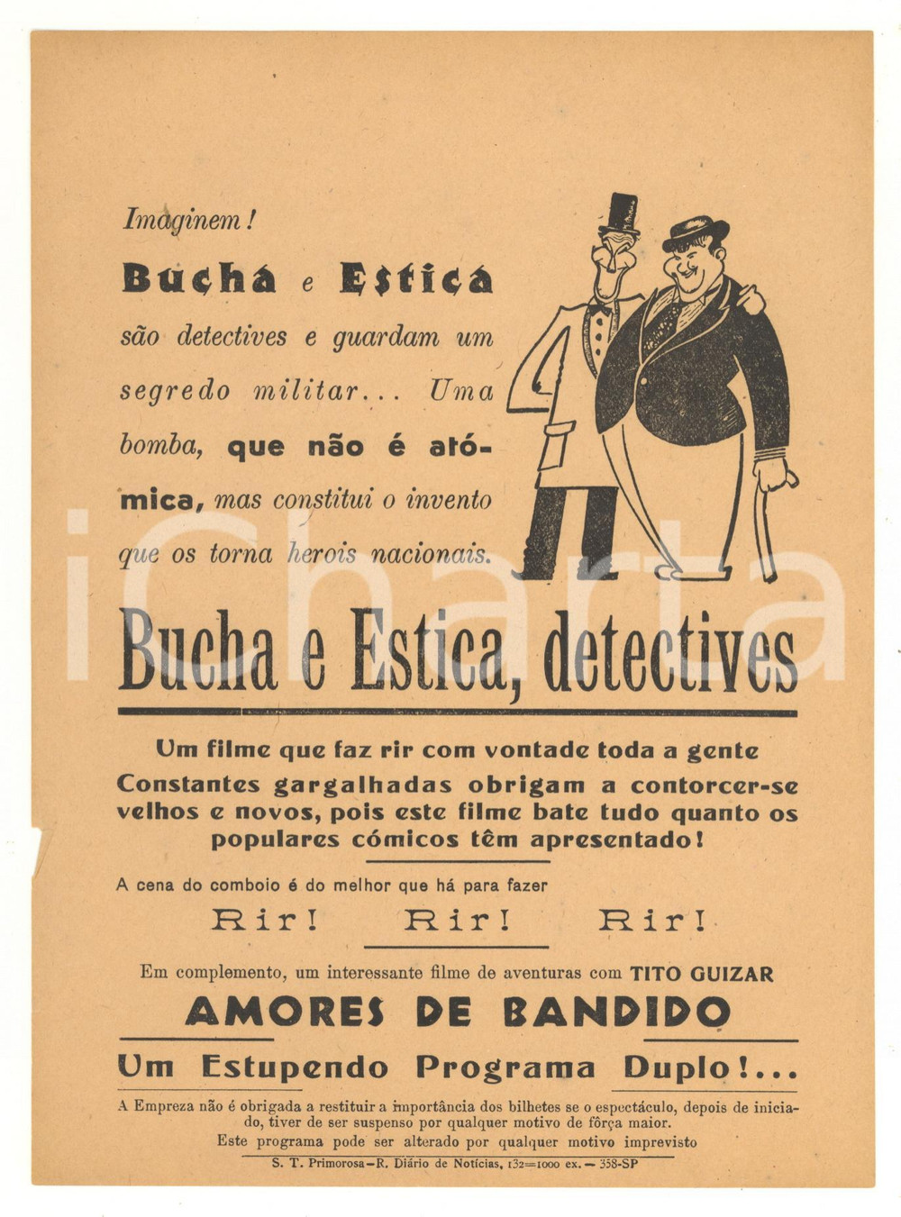 Materiale pubblicitario d’epoca 1944 CINEMA PORTUGAL Bucha e Estica detectives The Big Noise Volantino 1