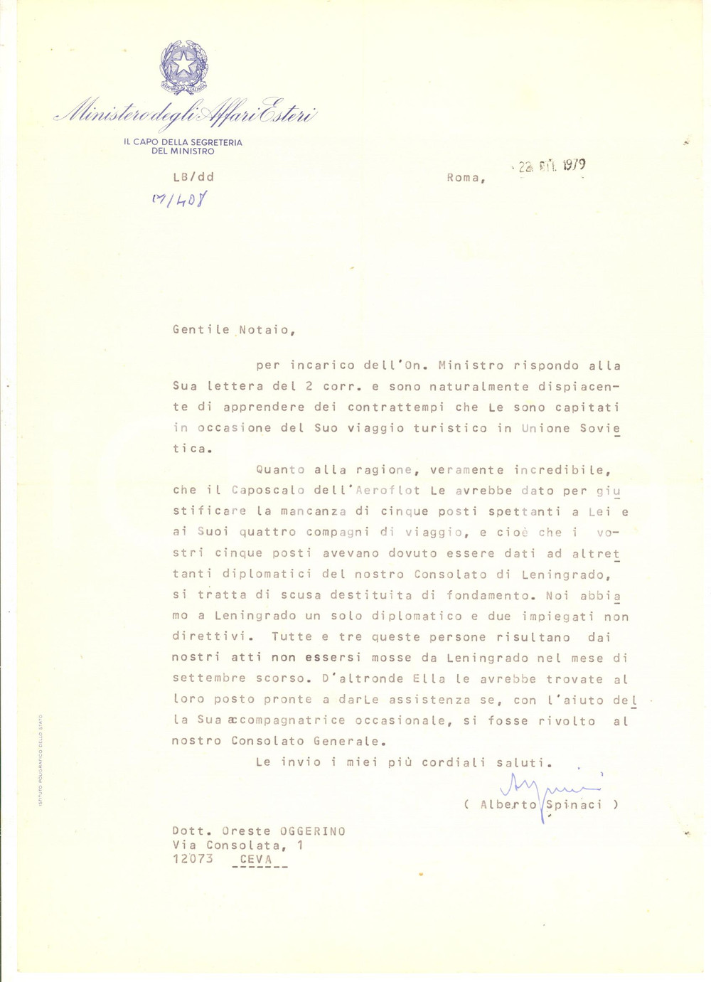 Autografo originale 1979 Ministero Affari Esteri  Alberto SPINACI su disavventura in volo AUTOGRAFO 1