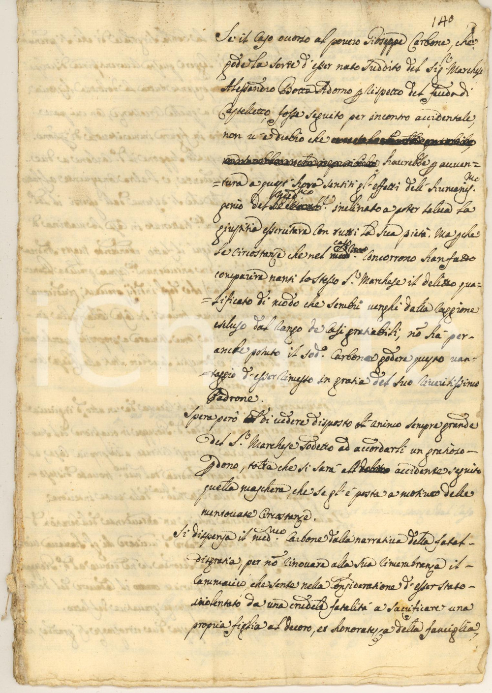 1750 ca Area MILANO Supplica pro Giuseppe CARBONE assassino di figlia e amante Documento manoscritto, originale d'epoca, redatto in forma di bozza con numerose correzioni e firma autografa di Giovanni Tommaso Ferrario.Si tratta di una richiesta di clemenza per Giuseppe Carbone, reo di avere ucciso la figlia Benedetta e il suo amante Andrea per tutelare l'onore della famiglia.Carbone era stato ingannato dalla figlia, che si era organizzata per ricevere in casa l'uomo con cui intratteneva una relazione, e si era nascosto in casa per sorprenderli. Uscito all'improvviso, li aveva uccisi entrambi, esasperato anche dal rifiuto della figlia di contrarre un onorevole matrimonio.La supplica chiede di riconoscere l'assenza di premeditazione, perché il padre si era nascosto ed era rimasto per lungo tempo a osservare la scena, fino a quando aveva agito d'impulso: "non furono uccisi subito nell'entrare che quello fece in casa del Carbone, ma sol quando fu dal padre veduto che l'uno e l'altra s'accingevano a consumar l'atto della copula...".PAGINE: 12 (1 bianca) CONDIZIONI:GOOD/buono lievi piegature d'epocaFORMATO: 20x28 cm originale e autentica 1