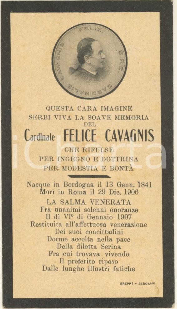 Oggetto da collezione cartaceo 1907 ROMA In memoria del card. Felice CAVAGNIS  Santino 7x11 cm 1