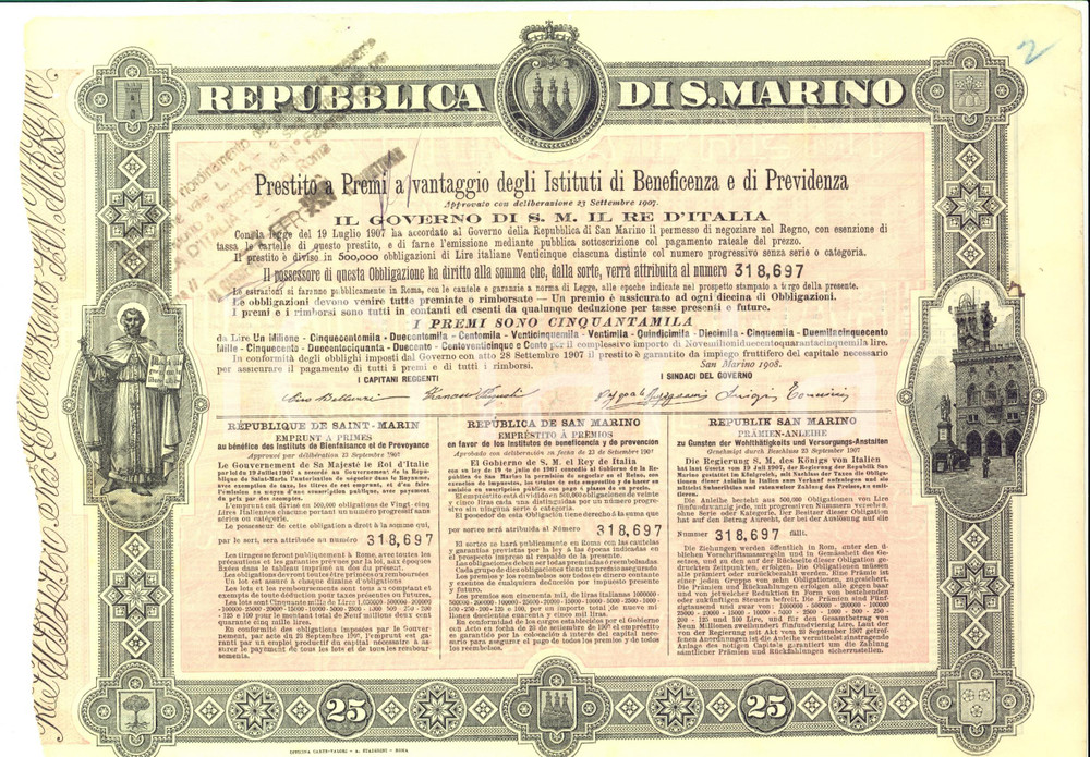 Oggetto da collezione cartaceo 1908 REPUBBLICA S. MARINO Prestito a premi istituti beneficenza OBBLIGAZIONE 1 1