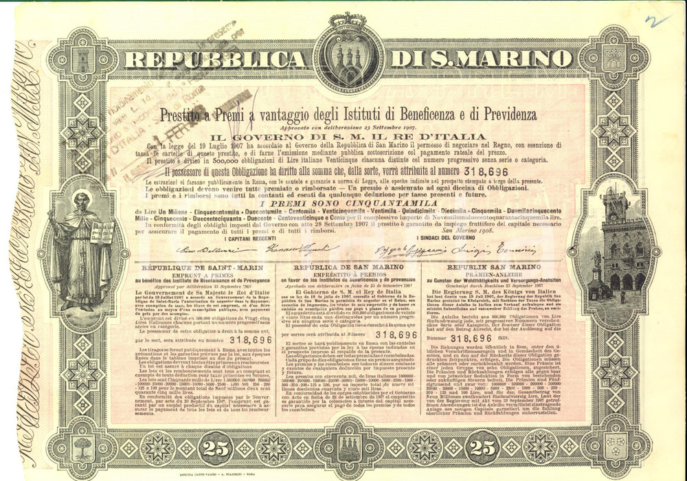 Oggetto da collezione cartaceo 1908 REPUBBLICA S. MARINO Prestito a premi istituti beneficenza OBBLIGAZIONE 2 1