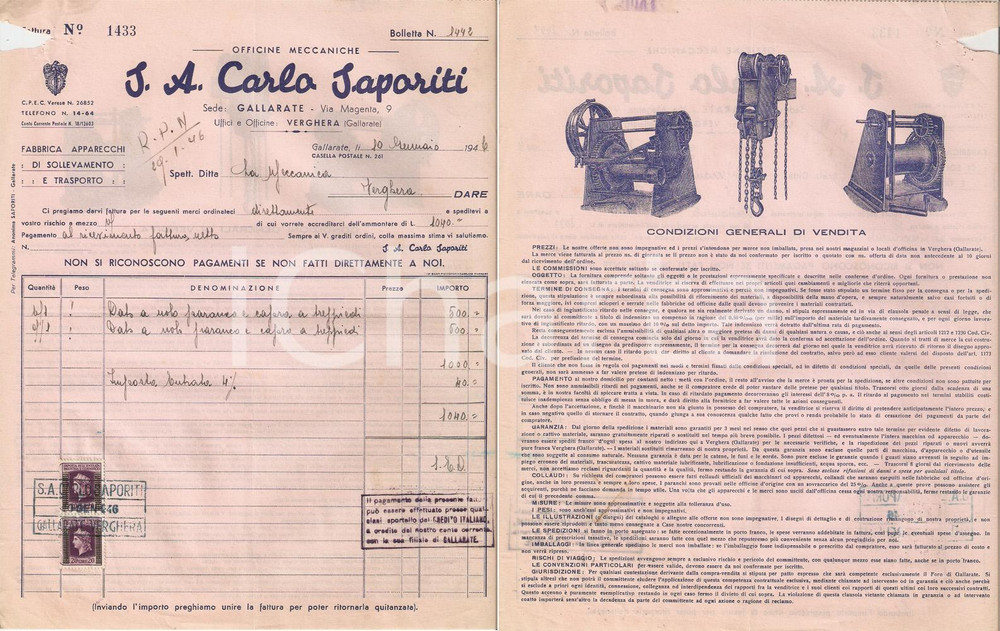 Documento originale, autentico 1946 GALLARATE  S.A. Carlo SAPORITI Officine meccaniche VERGHERA Fattura 1