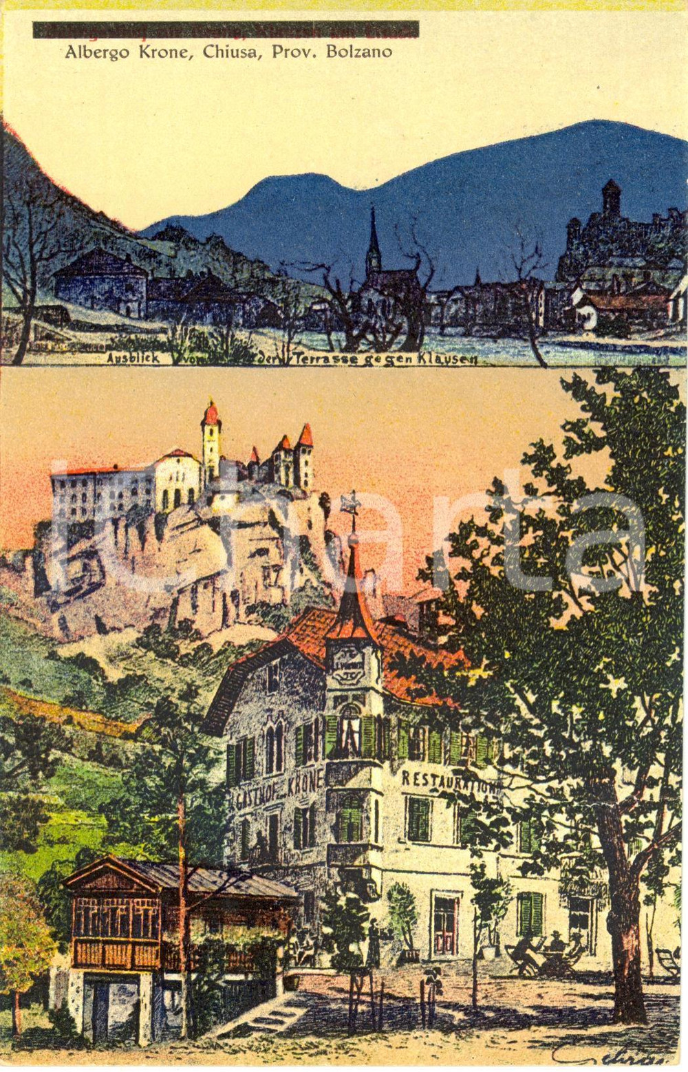 Cartolina originale da collezione 1920 ca CHIUSA BZ L albergo KRONE Cartolina ILLUSTRATA 1 1