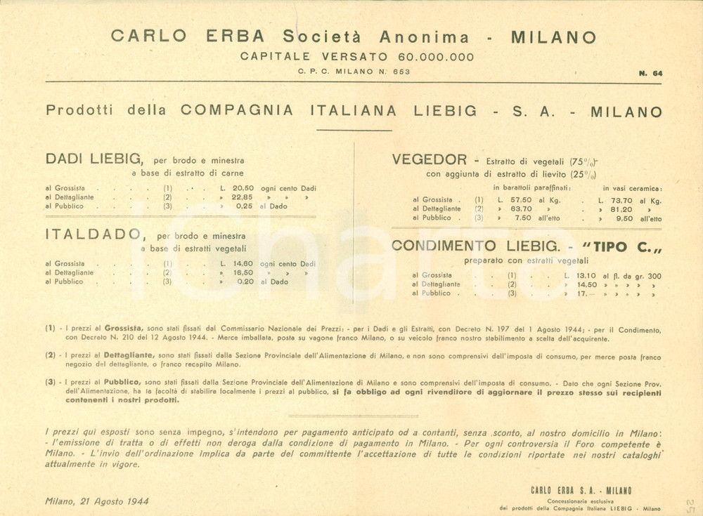Materiale pubblicitario d’epoca 1944 MILANO BOVISA Carlo ERBA Compagnia Italiana LIEBIG Dadi VEGEDOR Italdado 2 1