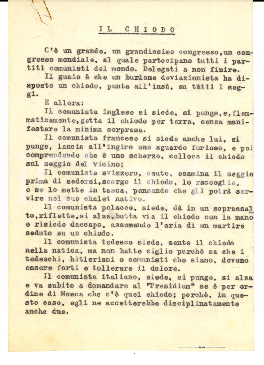 Documento originale, autentico 1950 ca GOLIARDIA Barzelletta Il chiodo  Comunisti del mondo Dattiloscritto 1