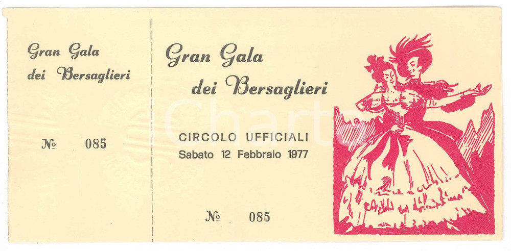 Oggetto da collezione cartaceo 1977 TORINO Circolo ufficiali GRAN GALA DEI BERSAGLIERI Biglietto 17x8 1