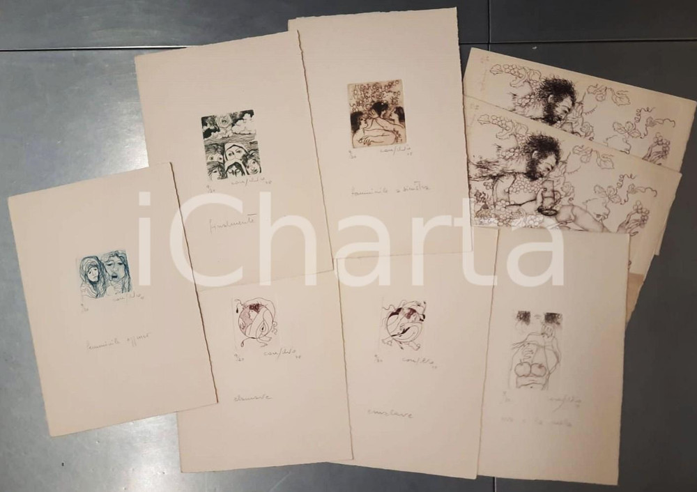 Stampa, bozzetto originale 1978 Artista Giuliana CONSILVIO  Femminile azzurro 8 acqueforti FIRMATE 1