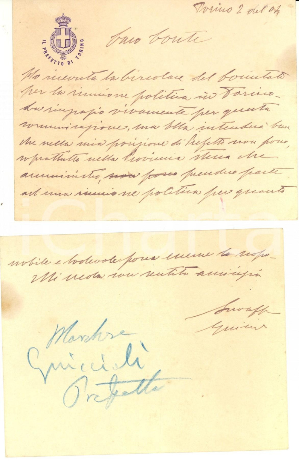 Autografo originale 1904 TORINO Prefetto Alessandro GUICCIOLI mantiene neutralità politica AUTOGRAFO 1