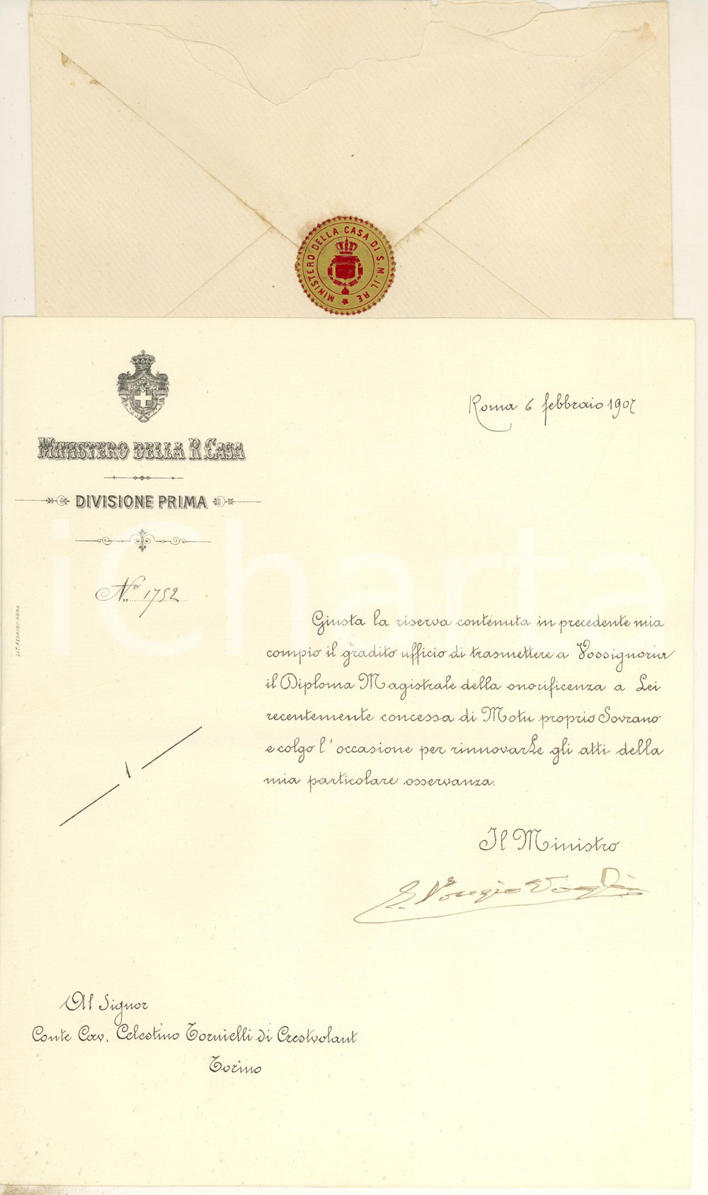 Autografo originale 1907 Lettera a Celestino TORNIELLI per onorificenza Emilio PONZIO VAGLIA 1