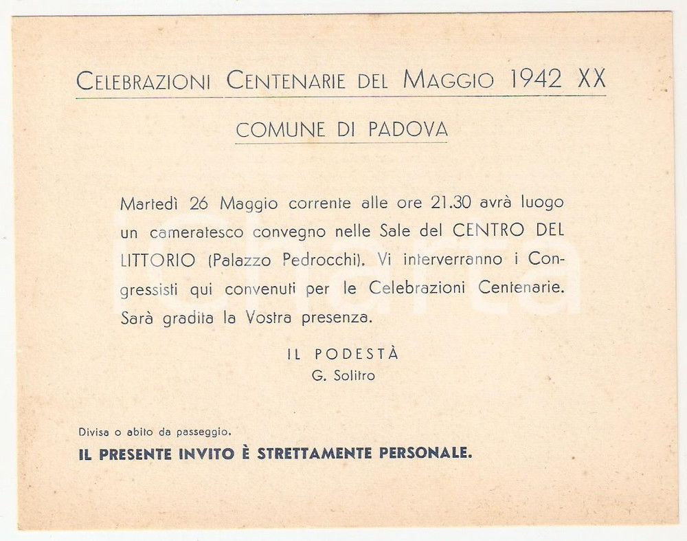 Oggetto da collezione cartaceo 1942 PADOVA Centenario Congresso scienziati 1842  Invito alla conferenza 1