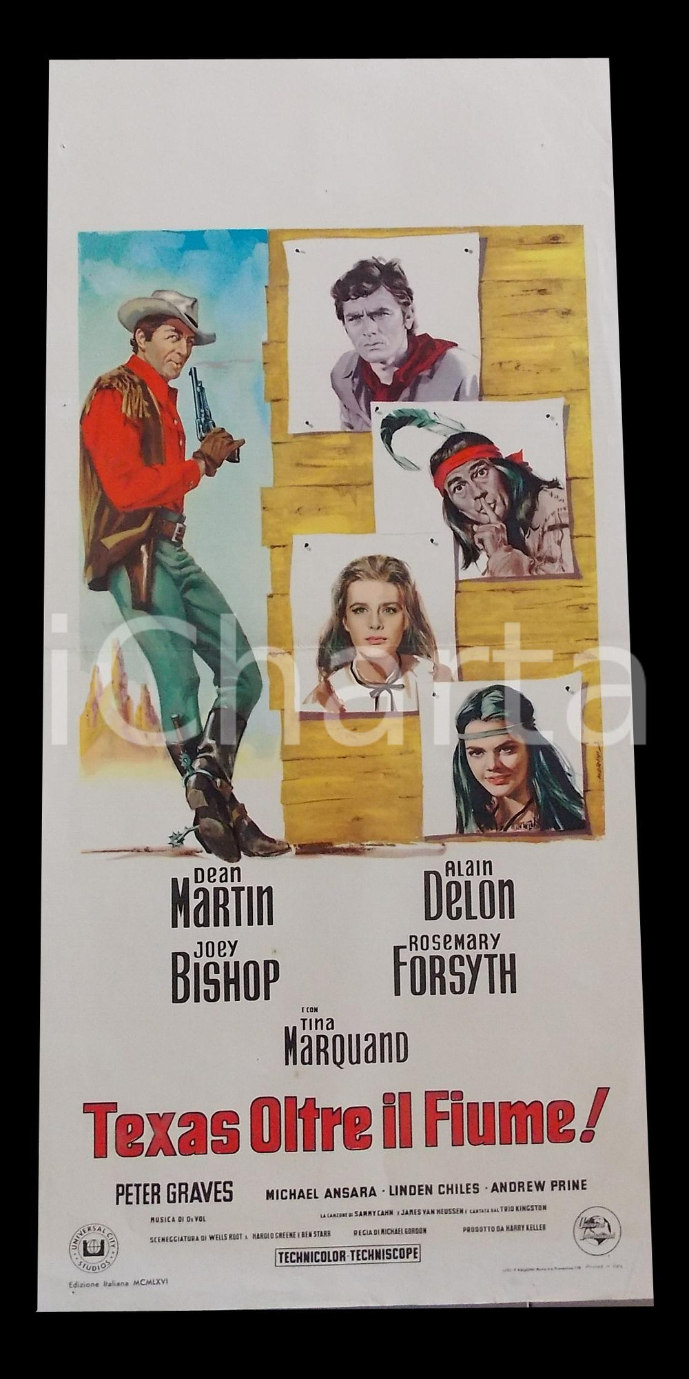 Materiale cinematografico d’epoca 1966 TEXAS OLTRE IL FIUME Dean MARTIN Alain DELON Manifesto WESTERN 32x70 cm 1