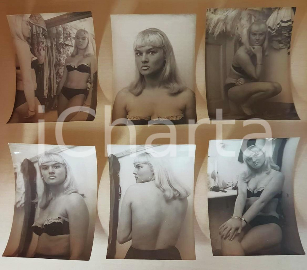 Fotografia d epoca originale 1960 ca VINTAGE EROTIC ITALIA Lotto 6 foto modella in bikini e calze a rete 9x13 1