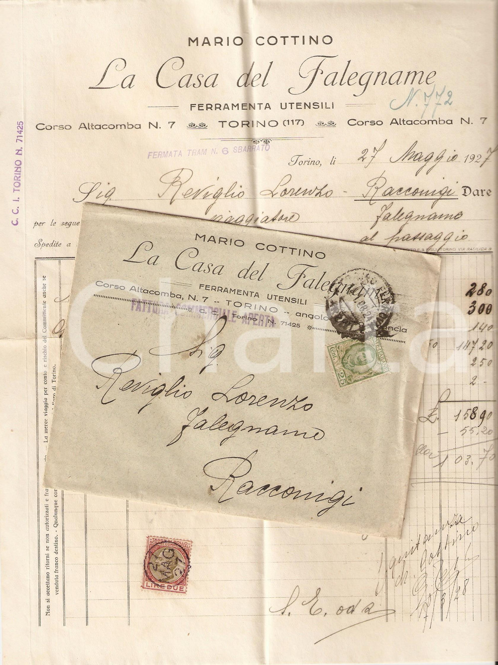 Oggetto da collezione cartaceo 1927 TORINO Casa del falegname di Mario COTTINO Ferramenta Fattura con busta 1