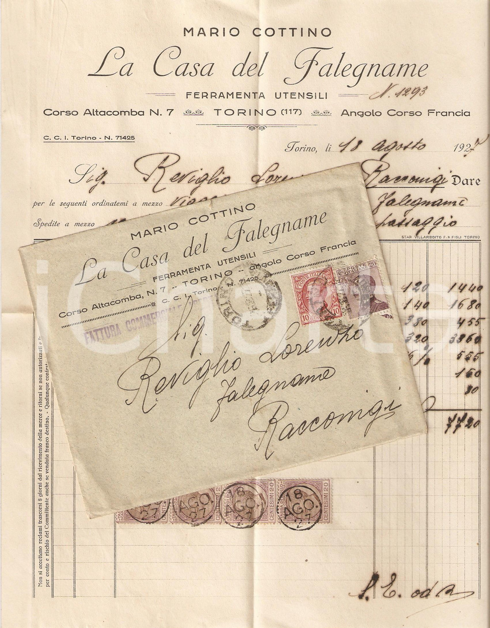 Oggetto da collezione cartaceo 1927 TORINO Casa del falegname di Mario COTTINO Ferramenta  Fattura busta 1