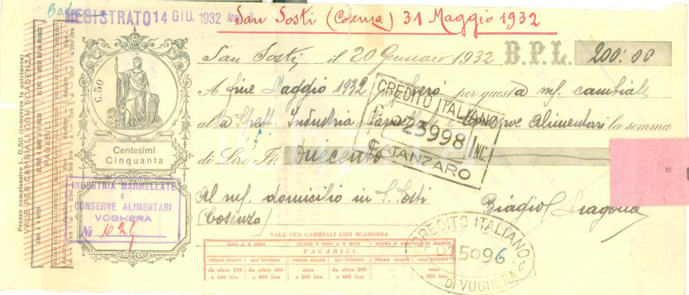 Documento originale, autentico 1932 VOGHERA PV Industria marmellate e conserve alimentari Cambiale 2 1