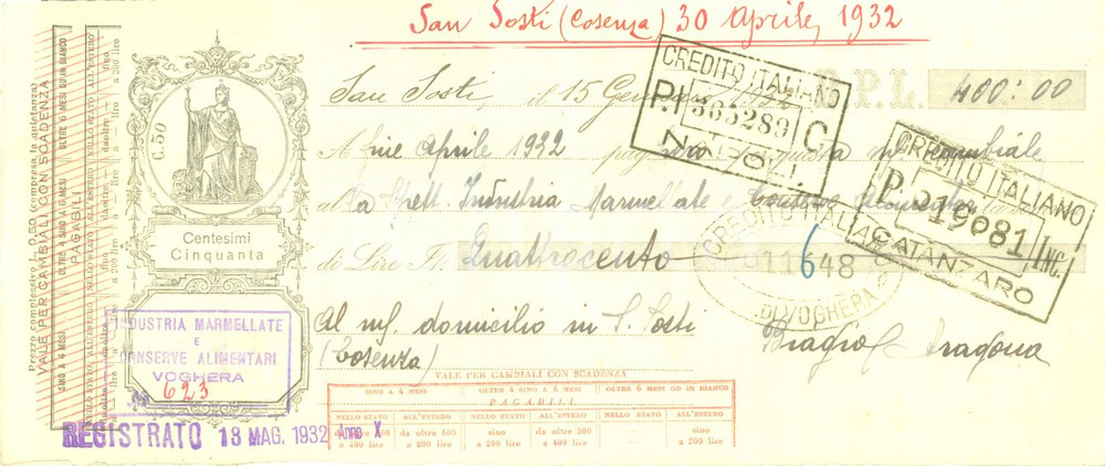 Documento originale, autentico 1932 VOGHERA PV Industria marmellate e conserve alimentari Cambiale 3 1