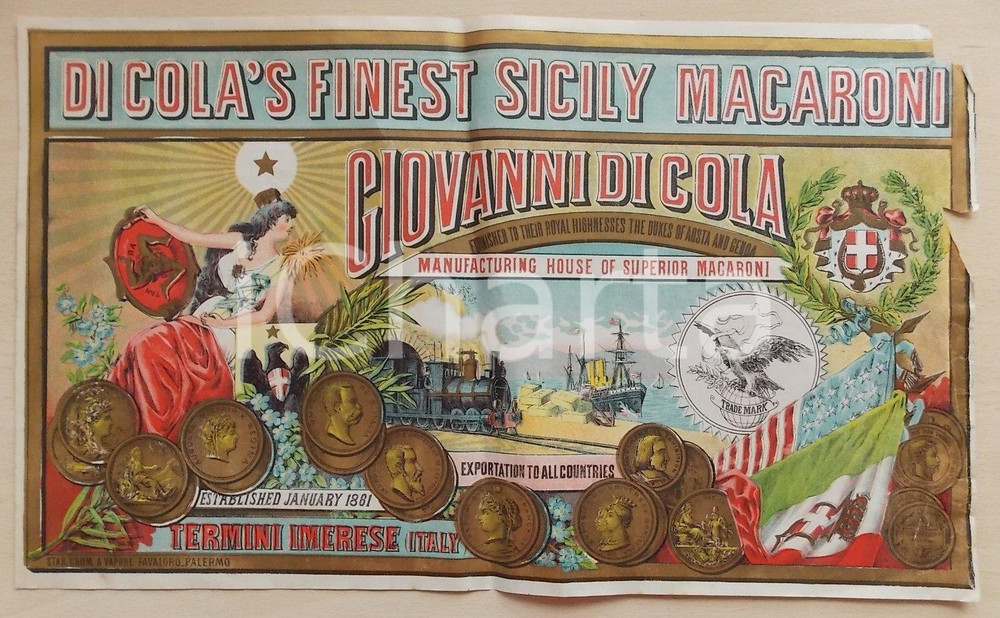 Materiale pubblicitario d’epoca 1900 ca TERMINI IMERESE PA Giovanni DI COLA Finest Sicily Macaroni MANIFESTINO 1