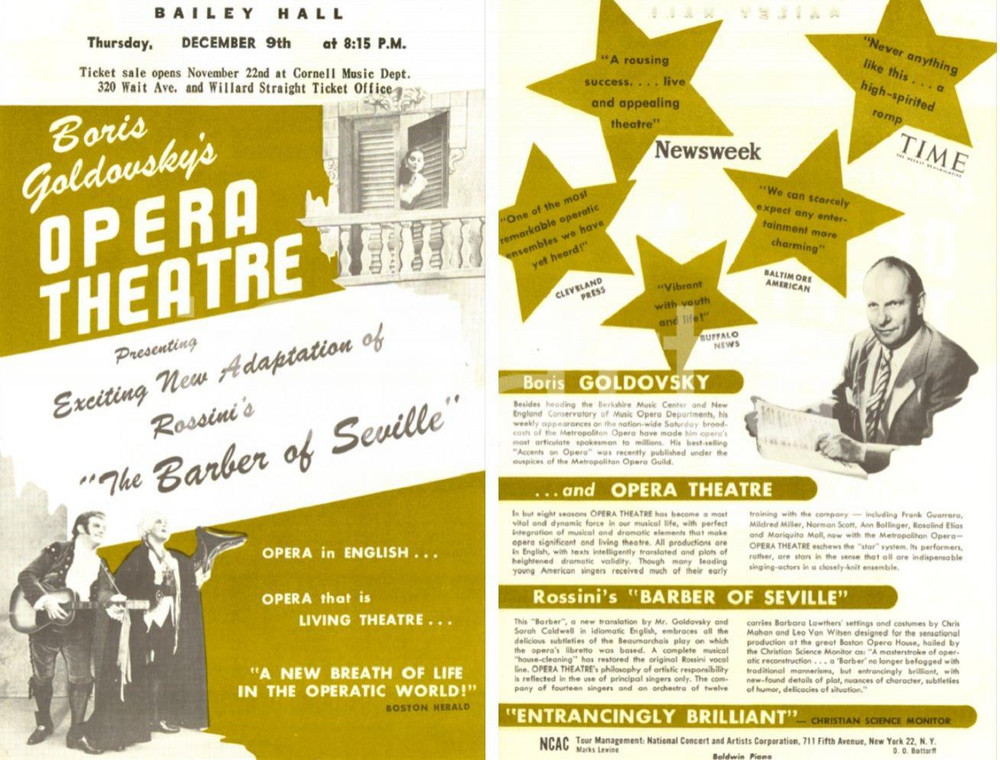 Materiale pubblicitario d’epoca 1954 ITHACA / USA BAILEY HALL Boris GOLDOVSKY s Opera Theatre Barber of Seville 1